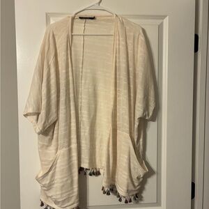 Doe & Rae Soft Cream Open-Front Kimono with Tassel Edge